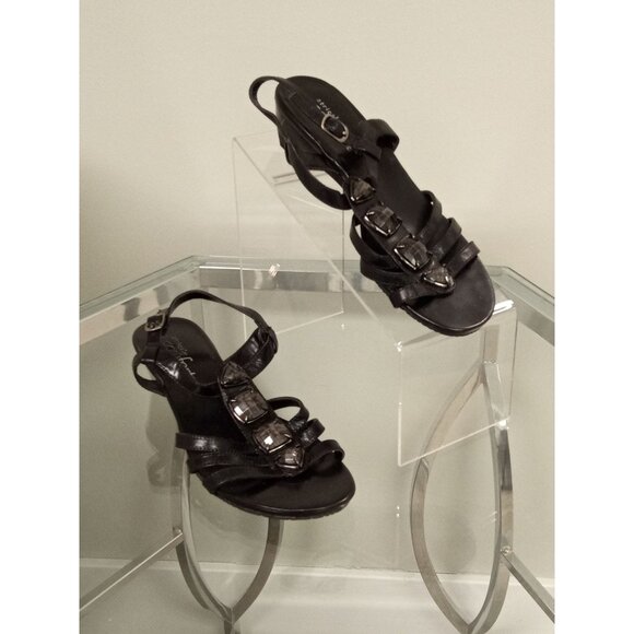 Women's Black Strictly Comfort Leather Sandal w/Rhinestone Detail Size 7 - Picture 1 of 8
